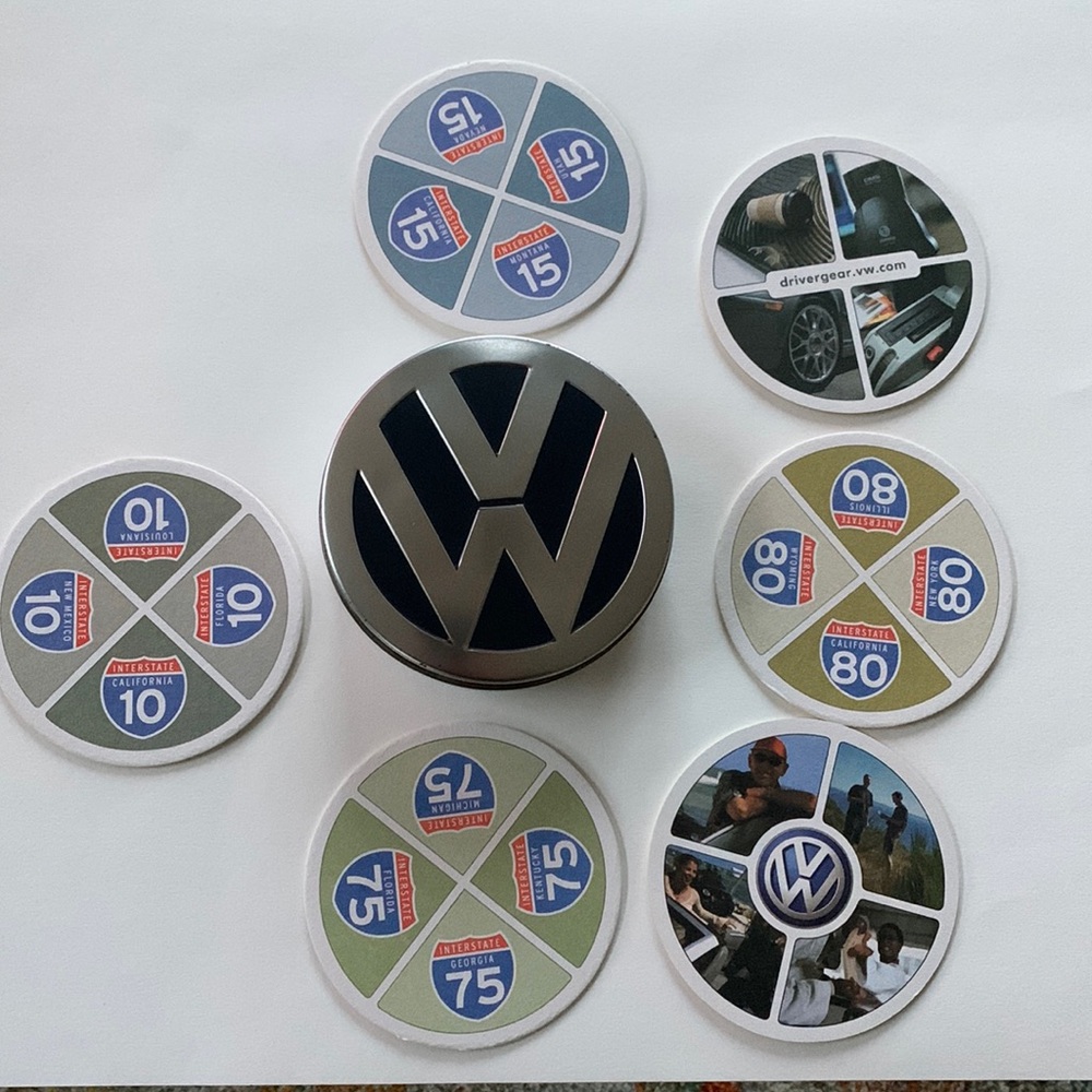 VW coaster tin with 6 colorful coasters